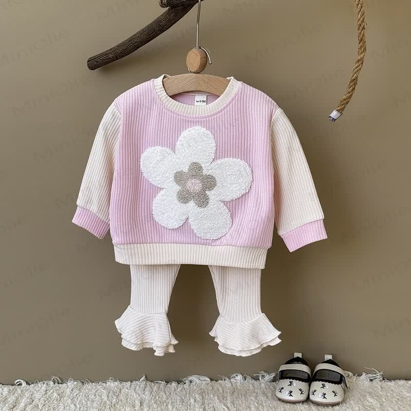 Baby 2-Piece Flower Sweatshirt and Pants Ribbed Set - Pink - 2-3T - image 1