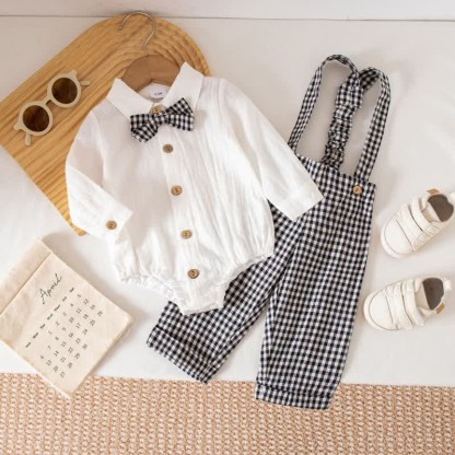 Baby Boy Gentleman Plaid Bodysuit Overalls 2-piece Set - Black - 12-18M - image 4