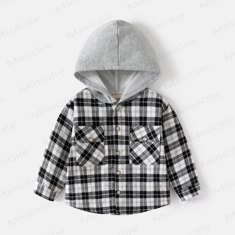 Kid Boy Hooded Plaid Shirt - Black - 8Y - image 1