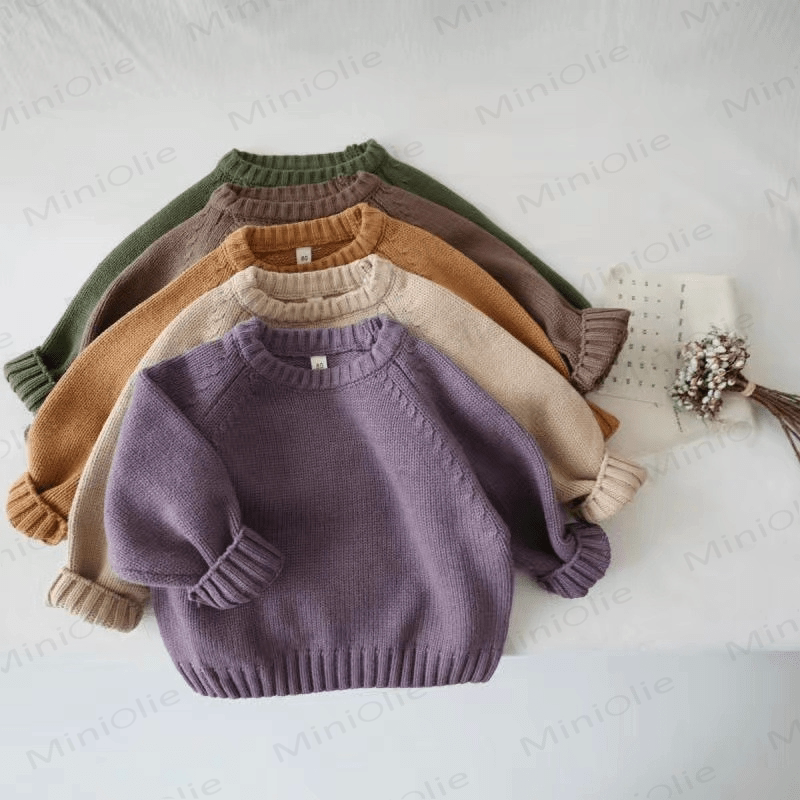 Kid Solid Color Crew Neck Knitted Sweater - image 1