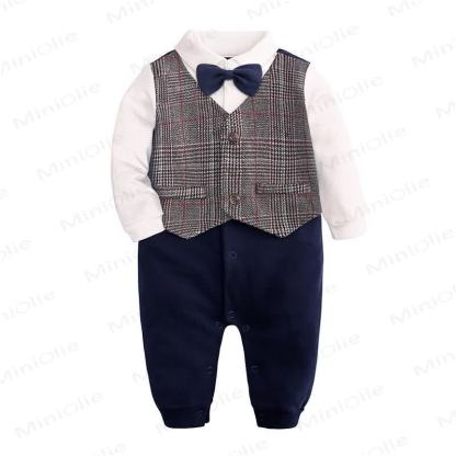 Baby Boy Bow Tie Gentleman Suit Romper - Plaid - 12-18M - image 2