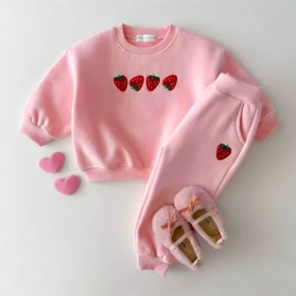 Baby Toddler Strawberry Embroidered Sweatshirt 2-piece Set  - Pink - 5-7T - image 1