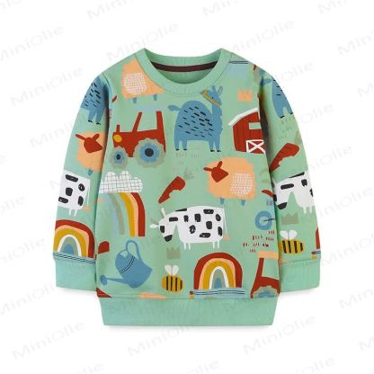 Kid Boy Cartoon Abstract Farm Animals Sweatshirt - Green - 7Y - image 1