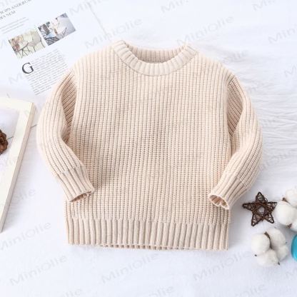 Kid Solid Color Crew Neck Knitted Sweater - Beige - 8Y - image 4