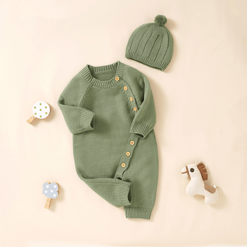 Baby Solid Color Knit Romper with Hat - Green - 12-18M - image 2