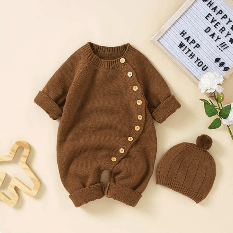 Baby Solid Color Knit Romper with Hat - Coffee - 12-18M - image 19