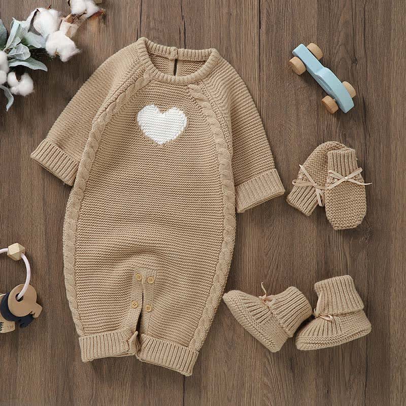 Baby Heart Knit Romper with Socks Gloves - Khaki - 12-18M - image 1