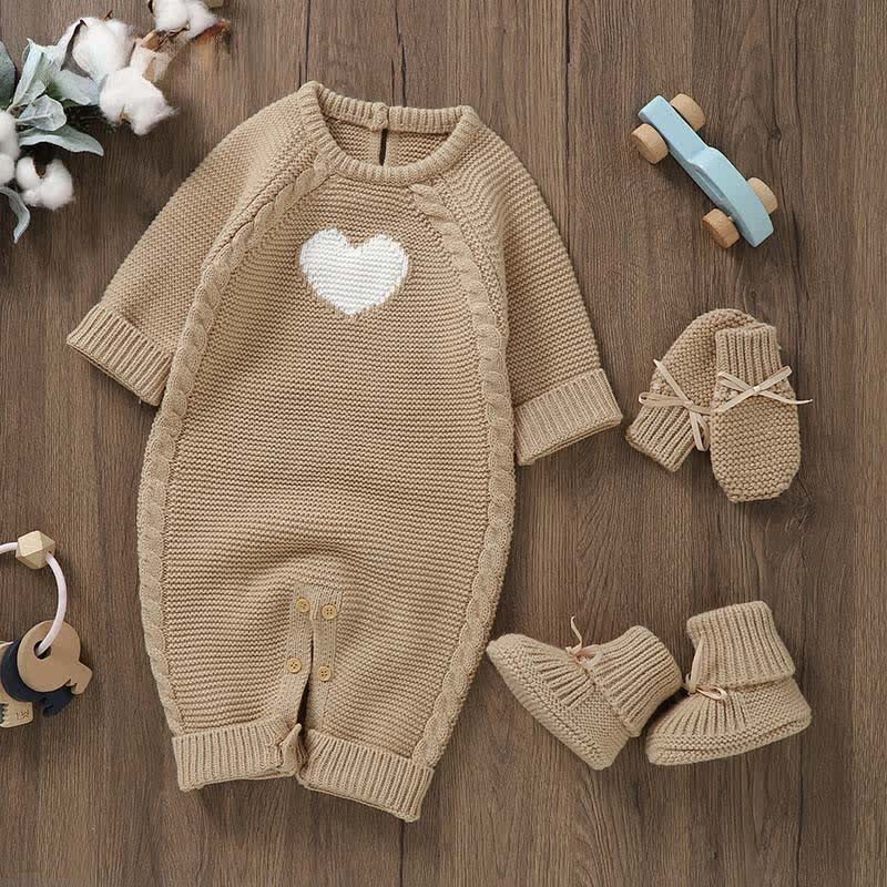 Baby Heart Knit Romper with Socks Gloves - Khaki - 12-18M - image 1