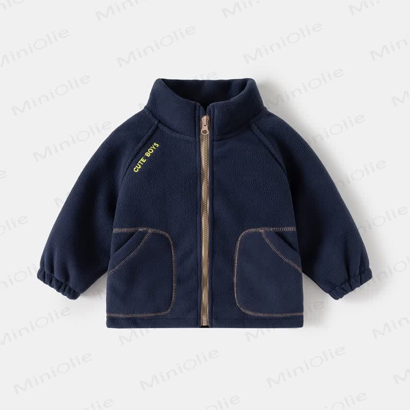 Toddler Polar Fleece Stand Collar Outerwear - Navy Blue - 8Y - image 2