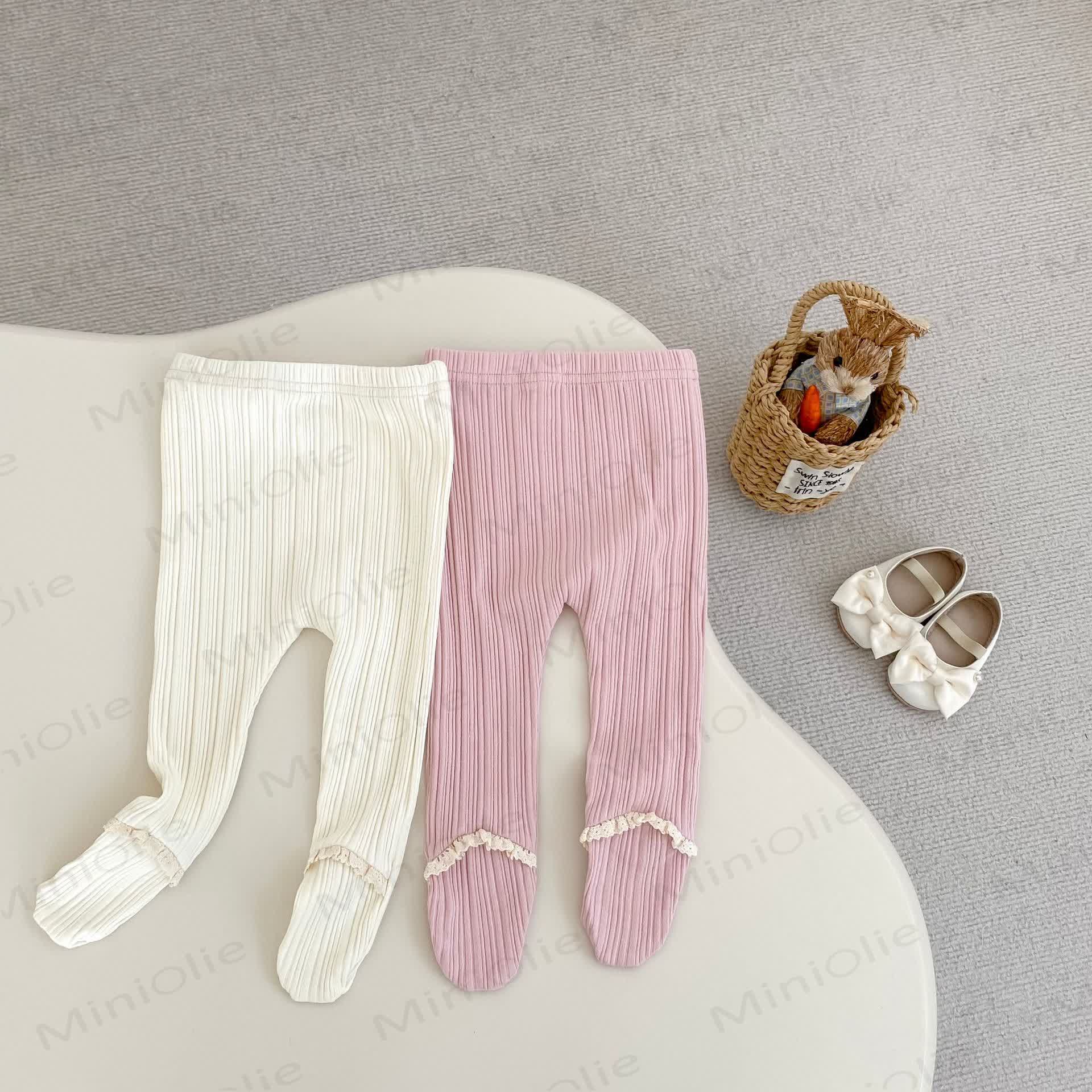 Baby Toddler Girl Solid Color Lace Ribbed Leggings - image 1