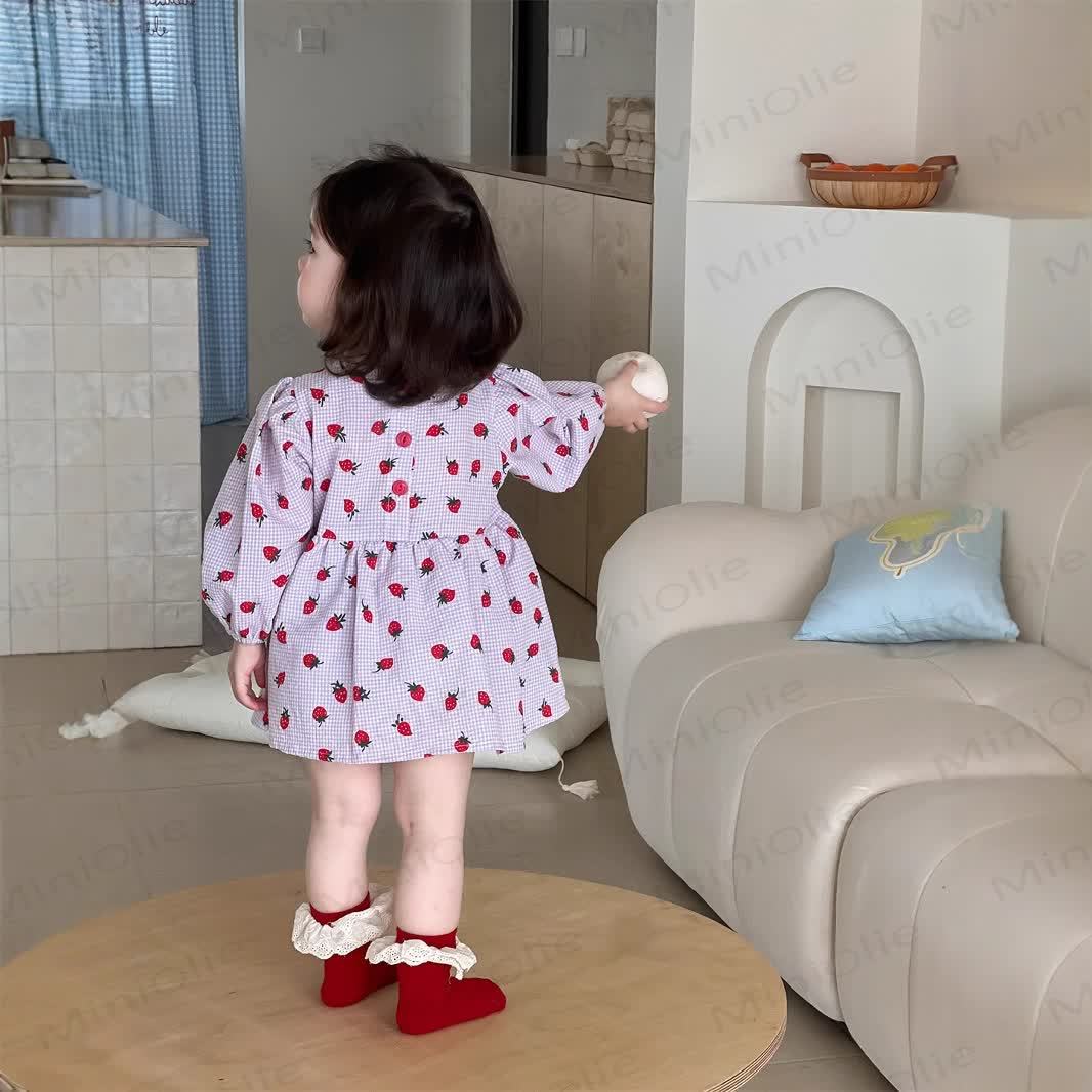 Baby Girl Lace Collar Bow Strawberry Purple Dress - image 4