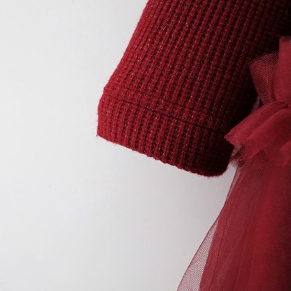 Baby Girl Bear Bow Red Fleece Lined Mesh Dress  - image 3