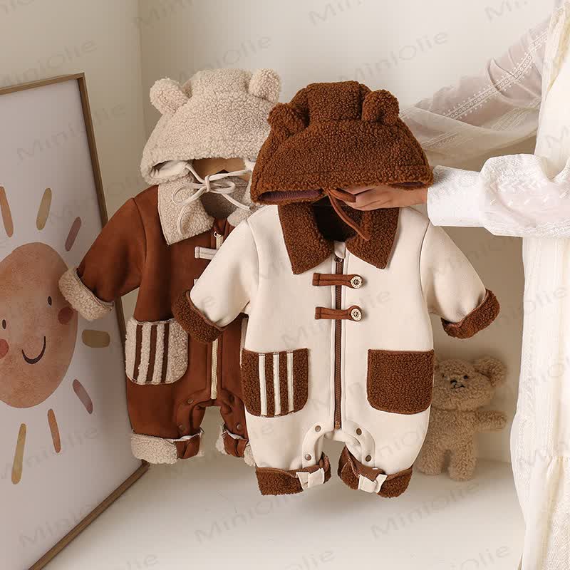 Baby Colorblock Bear Ear Hooded Plush Fleece Romper - image 1