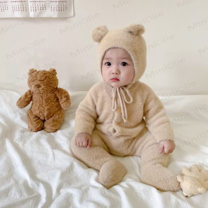 Baby Fleece Bear Ear Footed Romper with Hat - Beige - 2-3T - image 2