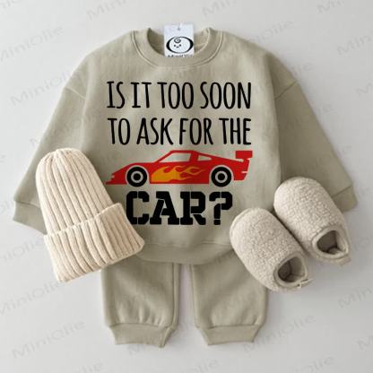 IS IT TOO SOON TO ASK FOR THE CAR? Baby Sweatshirt 2-piece Grey Green Set - Grey Green - 2-3T - image 1