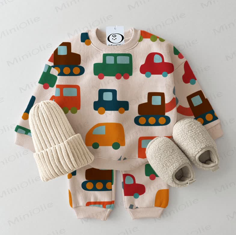 Baby Colorful Cartoon Cars Sweatshirt 2-piece Beige Set - Beige - 2-3T - image 1