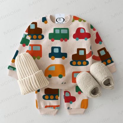 Baby Colorful Cartoon Cars Sweatshirt 2-piece Beige Set - Beige - 2-3T - image 1