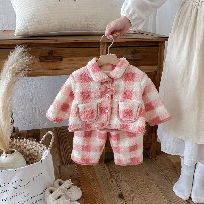 Baby Toddler Girl Fleece Red White Check Outerwear & Pants - image 1