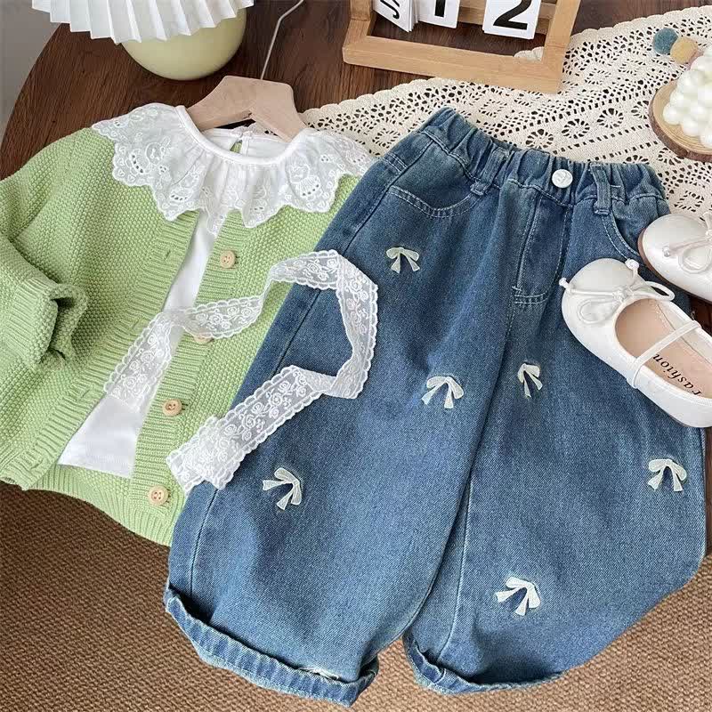 Toddler Kid Embroidered Bow Denim Pants - Blue - 10Y - image 1