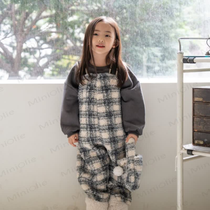Baby Beige Bunny/ Dark Blue Plaid Fleece Overalls - image 2