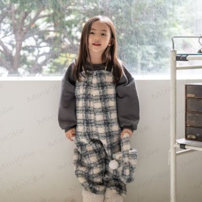 Baby Beige Bunny/ Dark Blue Plaid Fleece Overalls - image 2