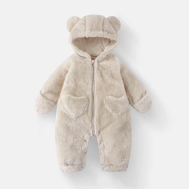  Baby Bear Hooded Fleece Romper - Beige - 12-18M - image 1