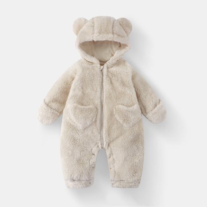  Baby Bear Hooded Fleece Romper - Beige - 12-18M - image 1
