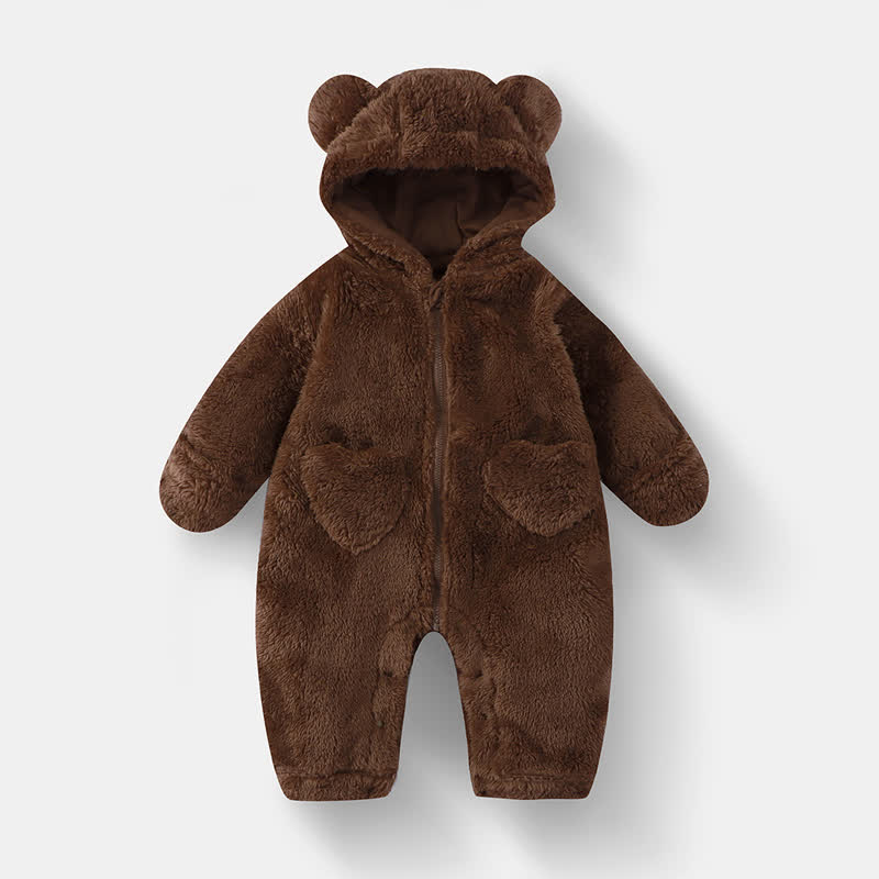  Baby Bear Hooded Fleece Romper - Brown - 12-18M - image 1