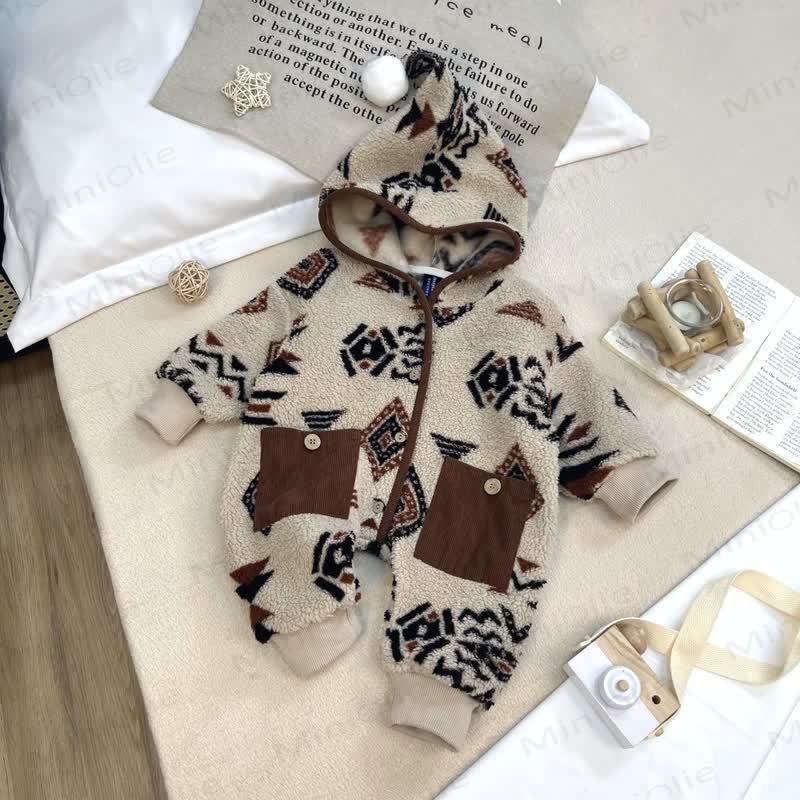 Baby Lamb Fleece Hooded Printed Romper - Apricot - 18-24M - image 1
