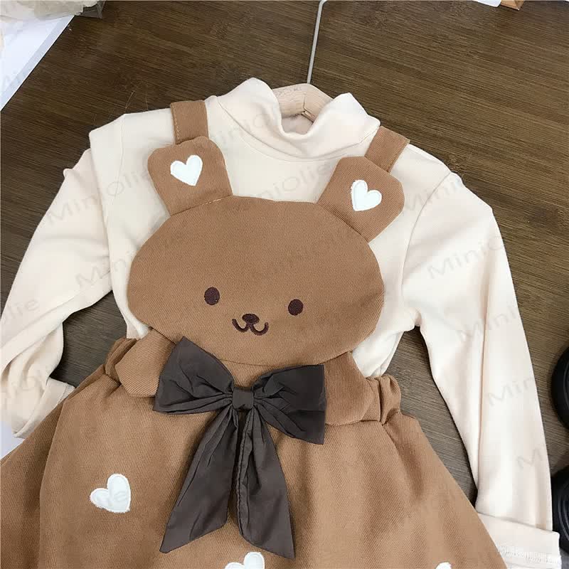 Toddler Girl Bow Bear Heart Sleeveless Bud Dress - Beige Top - 5-7T - image 2