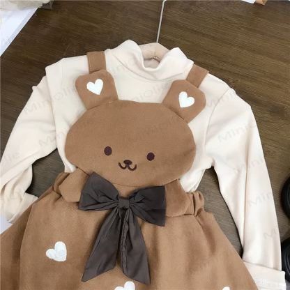 Toddler Girl Bow Bear Heart Sleeveless Bud Dress - Beige Top - 5-7T - image 2