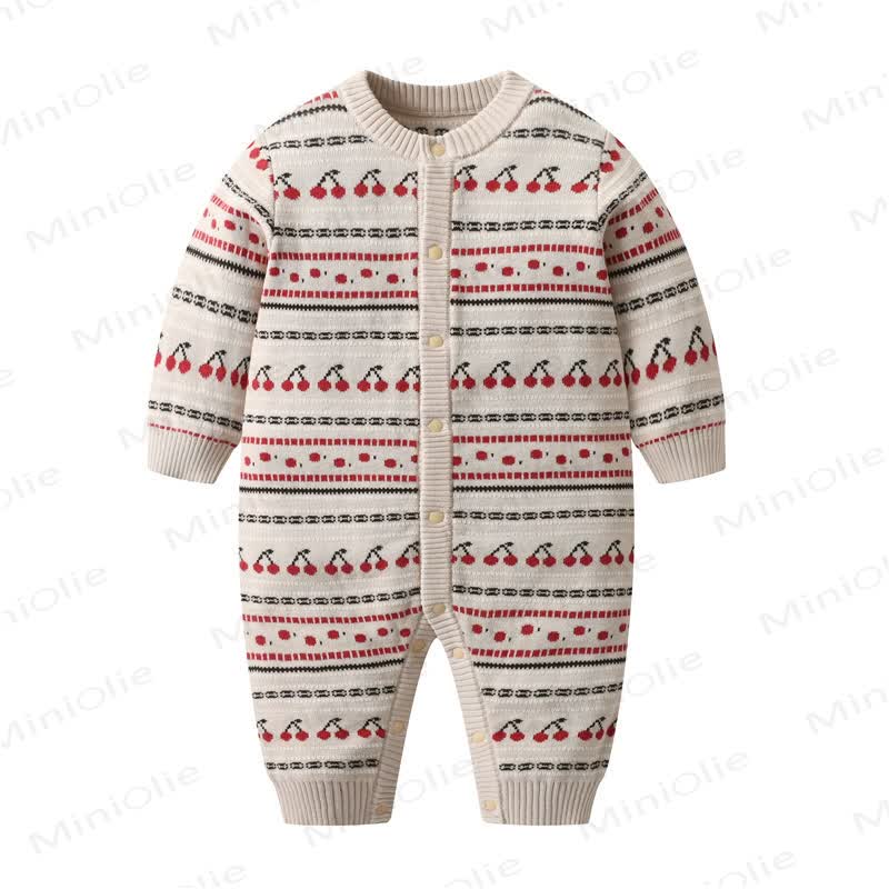 Baby Knit Cherry Print Romper - Beige - 18-24M - image 1