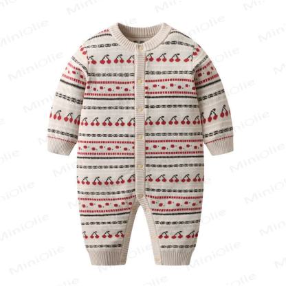 Baby Knit Cherry Print Romper - Beige - 18-24M - image 1