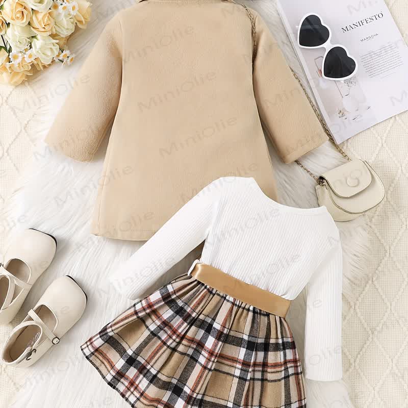 Baby Girl Bow Notched Collar Coat & Check Dress - image 3