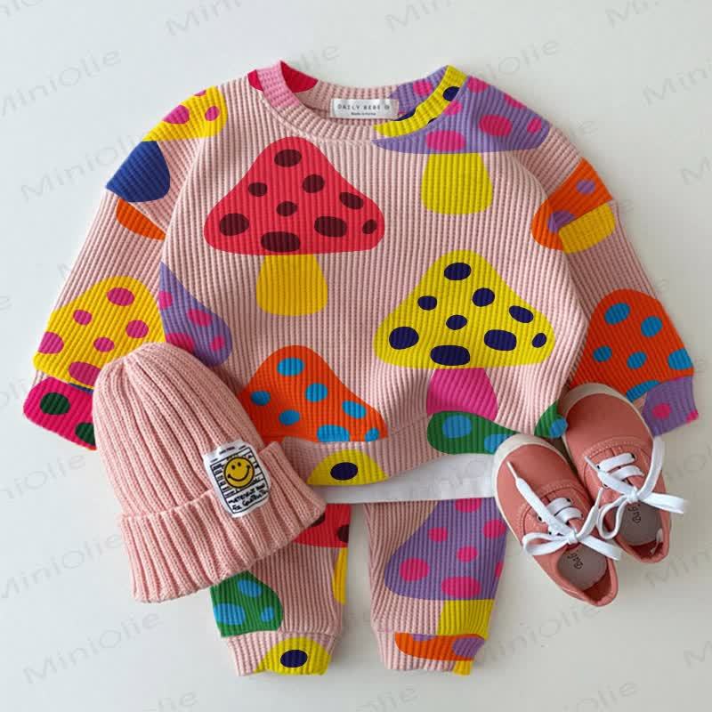 Baby Waffle Colorful Mushroom Sweatshirt 2-piece Set - Pink - 18-24M - image 1