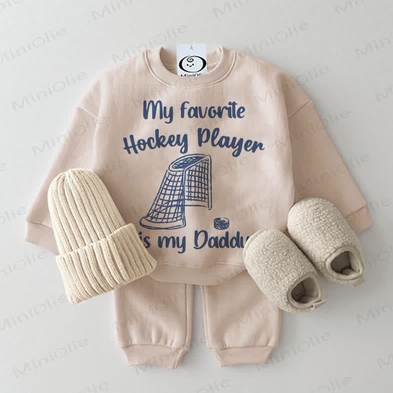 MY FAVORITE HOCKEY PLAYER IS MY DADDY Baby Beige Sweatshirt 2-piece Set - Beige - 2-3T - image 1