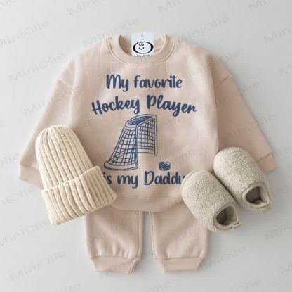 MY FAVORITE HOCKEY PLAYER IS MY DADDY Baby Beige Sweatshirt 2-piece Set - Beige - 2-3T - image 1