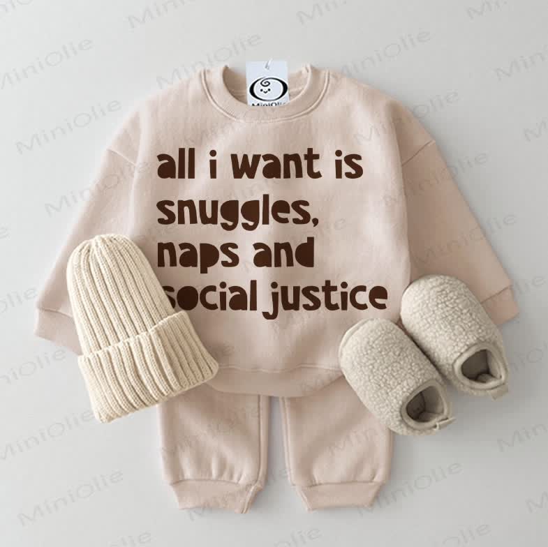 ALL I WANT IS SNUGGLES, NAPS AND SOCIAL JUSTICE Baby Beige Sweatshirt 2-piece Set - Beige - 2-3T - image 1