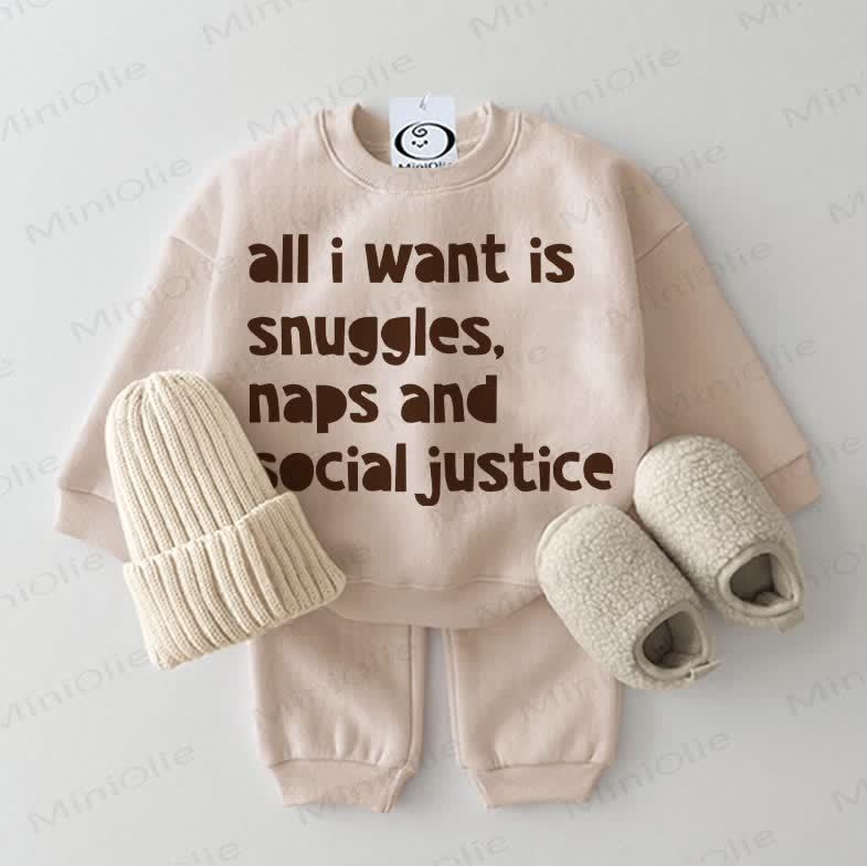 ALL I WANT IS SNUGGLES, NAPS AND SOCIAL JUSTICE Baby Beige Sweatshirt 2-piece Set - Beige - 2-3T - image 1