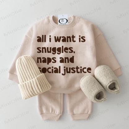 ALL I WANT IS SNUGGLES, NAPS AND SOCIAL JUSTICE Baby Beige Sweatshirt 2-piece Set - Beige - 2-3T - image 1