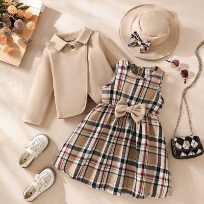 Toddler Kid Bow Plaid Sleeveless Dress - Camel - 7Y - image 1