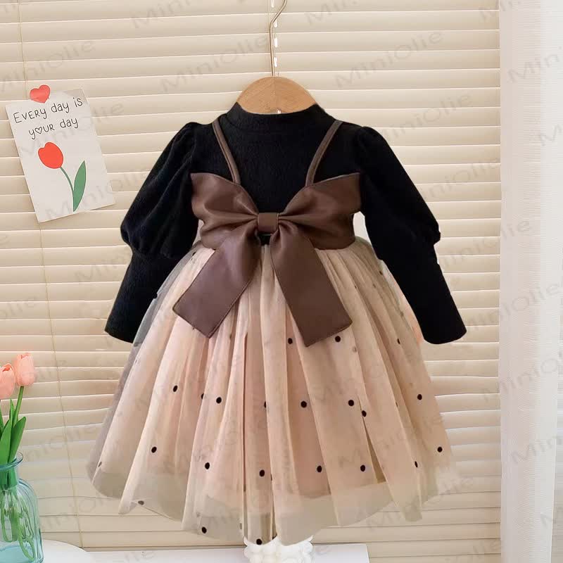 Baby Toddler Girl Bow Dot Mesh Dress - Brown - 3-5T - image 1