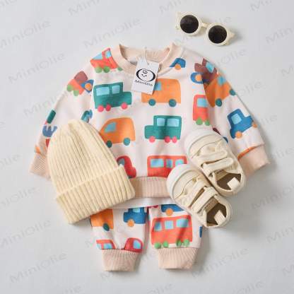 Baby Colorful Cartoon Cars Sweatshirt 2-piece Beige Set - image 2