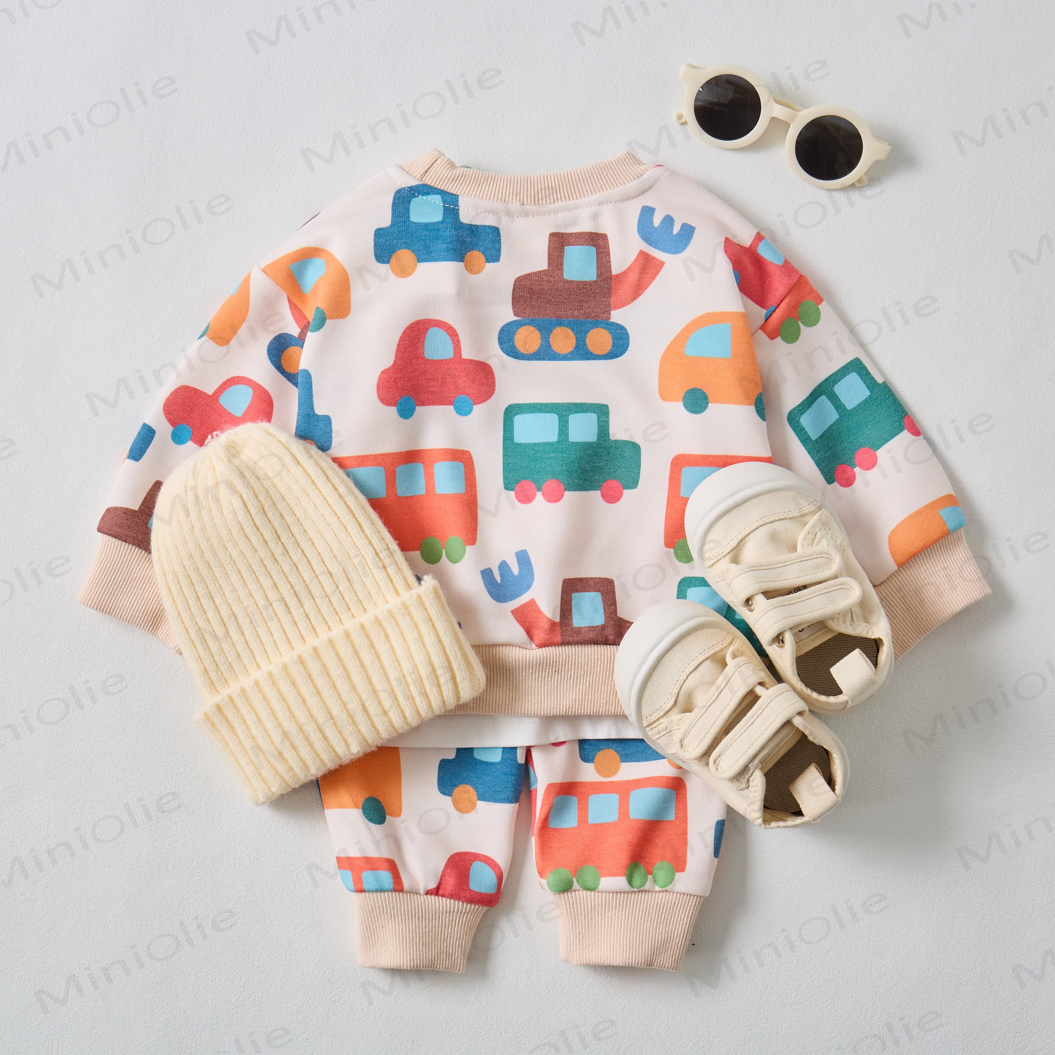 Baby Colorful Cartoon Cars Sweatshirt 2-piece Beige Set - image 7