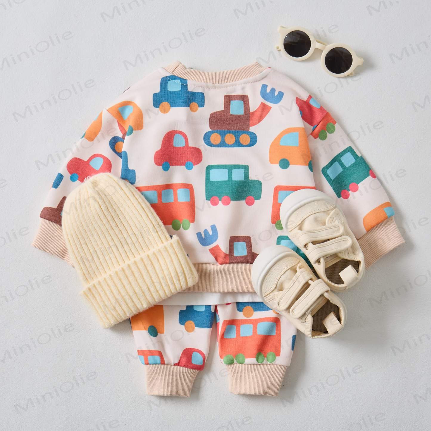 Baby Colorful Cartoon Cars Sweatshirt 2-piece Beige Set - image 7