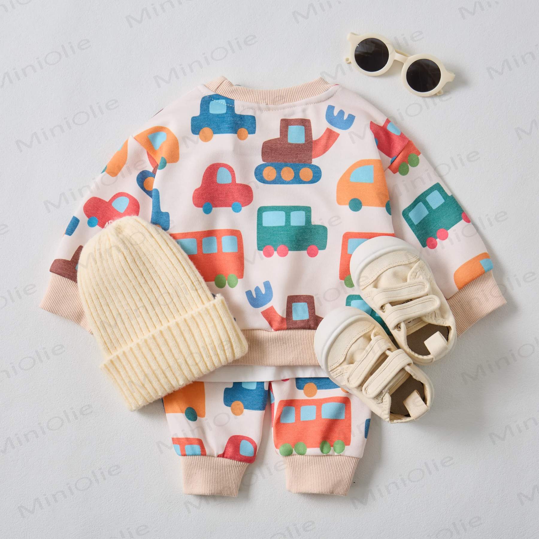 Baby Colorful Cartoon Cars Sweatshirt 2-piece Beige Set - image 7