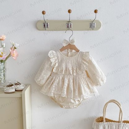Baby Lace Skirted Beige Bodysuit with Headband - Beige - 18-24M - image 1