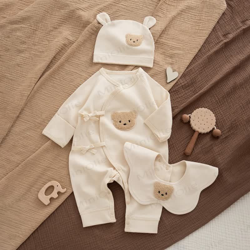 Baby Bear Newborn Kimono Romper - Beige Bear Patch - 6-12M - image 1