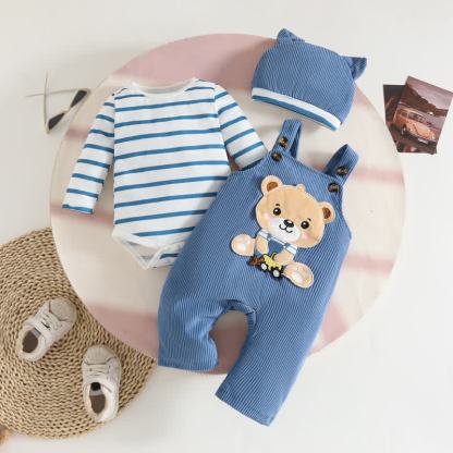 Baby Boy Animal Cord Overalls & Stripe Bodysuit With A Hat - Blue Bear - 12-18M - image 5