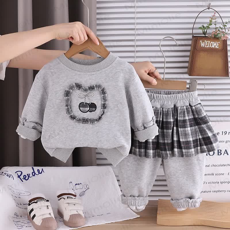 Baby Toddler Girl Love Cherry Plaid 2-piece Set - Grey - 5-7T - image 2